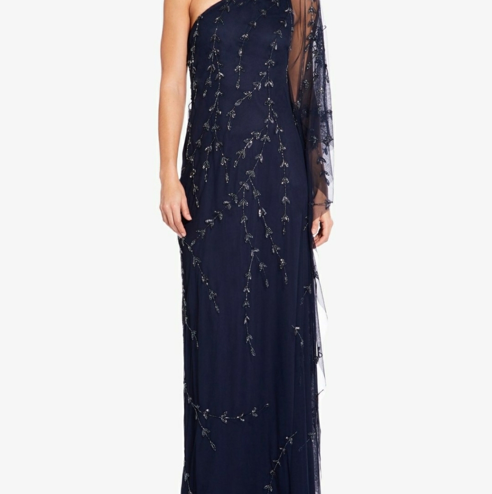 Adrianna Papell One Shoulder Beaded Evening Gown